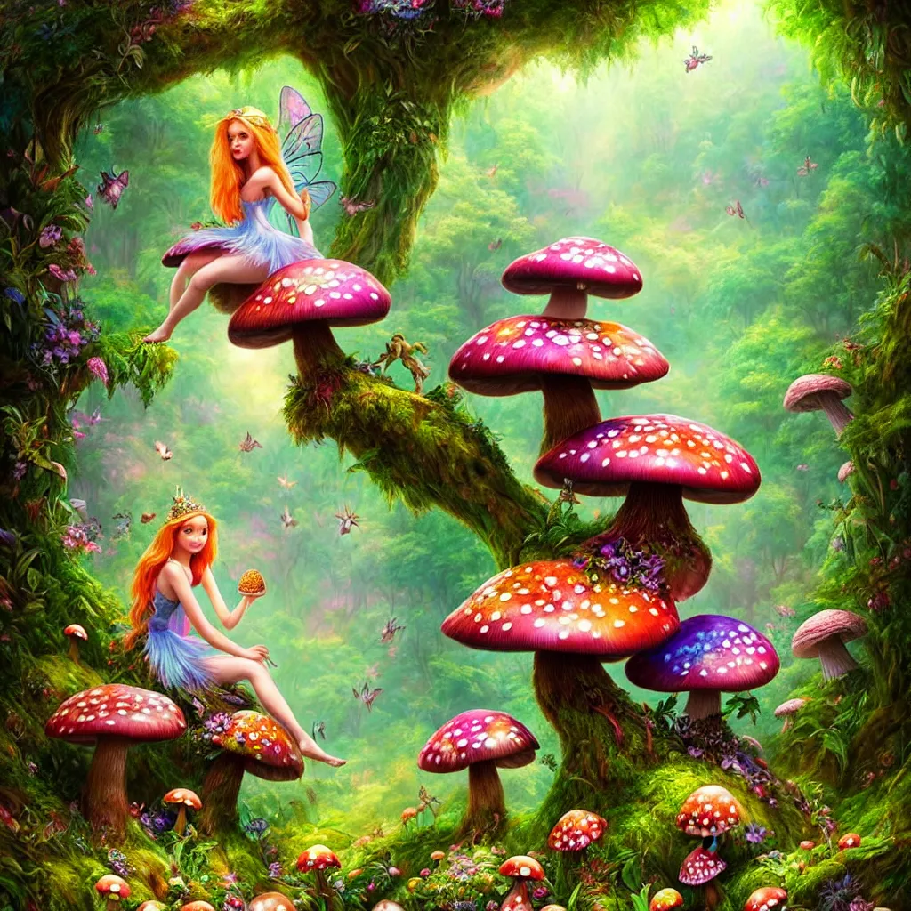 Prompt: fairy princess sitting on top of a mushroom, lush green alice in wonderland style forest backdrop, colorful plants and flowers, vibrant colors, intricate mural, highly detailed, digital painting, trending on artstation, sharp focus, illustration, art by artgerm and greg rutkowski and magali villeneuve