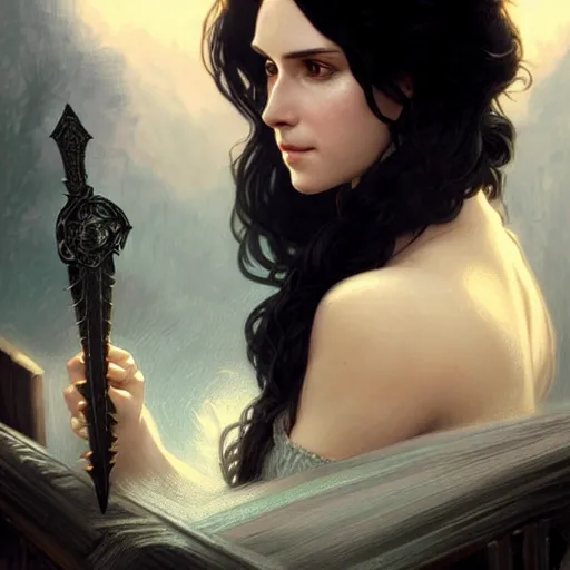 Image similar to portrait of a Yennefer from the Witcher, D&D, fantasy, intricate, elegant, highly detailed, digital painting, artstation, concept art, matte, sharp focus, illustration, art by Artgerm and Greg Rutkowski and Alphonse Mucha