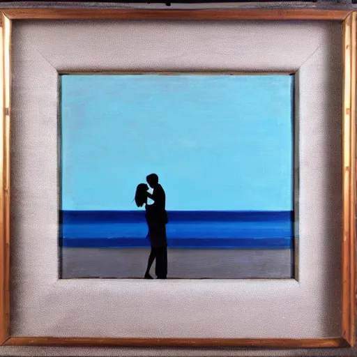 Image similar to silhouette of a couple hugging on a beach, blue tint, expressi onist, oil on canvas