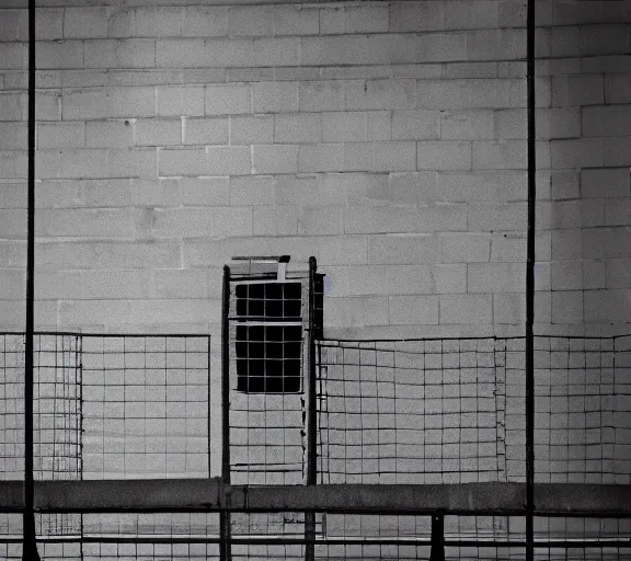 Prompt: Joachim Brohm photo of 'canada goose perched behind jail bars', high contrast, high exposure photo, monochrome, grainy, close up