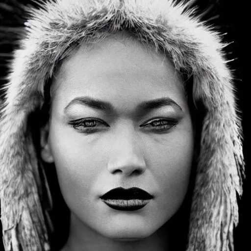 Prompt: black and white vogue closeup portrait by herb ritts of a beautiful female model, maori, high contrast