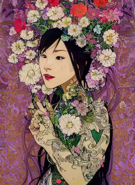 Image similar to !!! very coherent!!! oil painting, beautiful floralpunk iban cyborg portrait girl female illustration detailed patterns art of sarawak traditional dress, flower pop art, floral splash painting, art by ashley wood, alphonse mucha, makoto shinkai, geof darrow, dark shadow