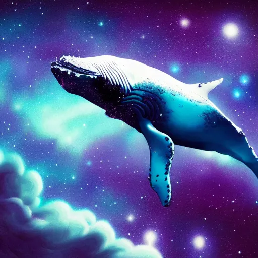 Image similar to portrait of whale swimming on a dark night sky, swimming across the universe, nebulae, purple and blue, galaxies, oniric, dreamy, beautiful, highly detailed, cinematic, dynamic composition, trending on artstation