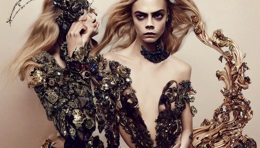 Image similar to cara delevingne wearing epic haute couture by Alexander McQueen, extremely beautiful and proportionate face, in the aesthetic of mert and marcus, masterpiece, intricate, elegant wardrobe, highly detailed, digital painting, artstation, concept art, smooth, sharp focus, illustration, art by artgerm and james jean and greg rutkowski and alphonse mucha