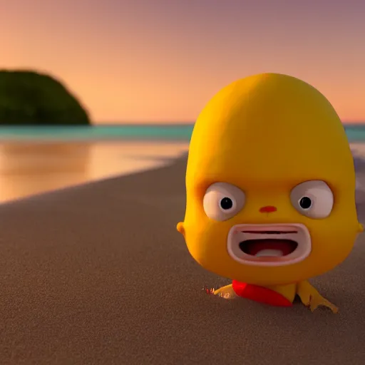 Image similar to 3 d render, chibi lemon character with an angry look on his face, he is wearing a hat, relaxing on the beach at sunset, beach, waves, sun, rim light, cinematic photography, professional, sand
