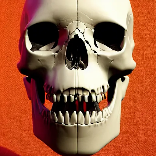 Image similar to real human skull with robotic circular orange light electronic eyes in eye sockets, unreal engine, artstation, render