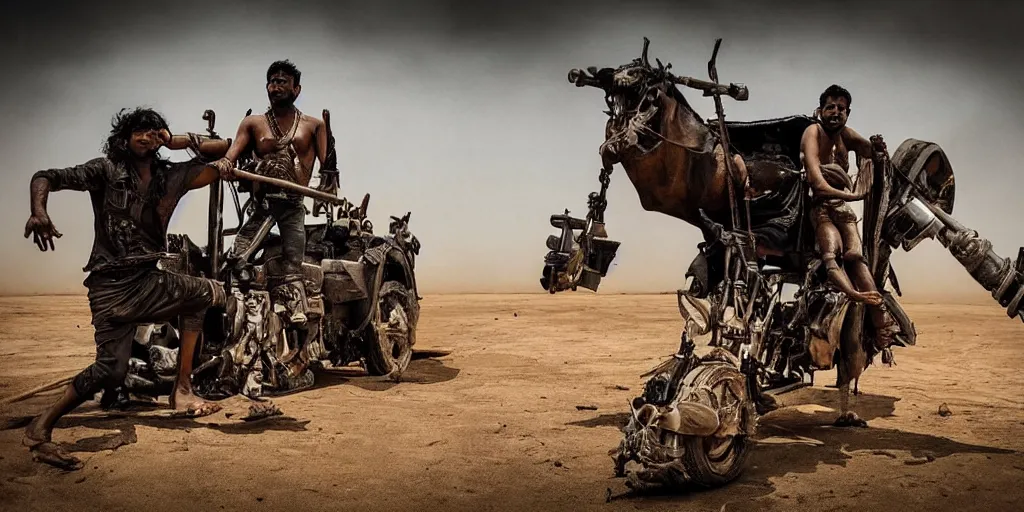 Image similar to sri lankan mad max style, film still, epic shot cinematography, rule of thirds