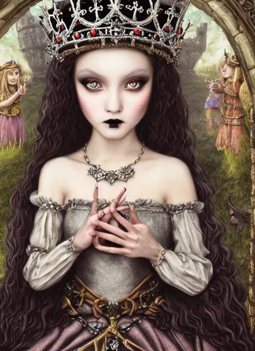 Image similar to highly detailed closeup portrait of a goth fairytale medieval princess wearing a crown and sitting on a throne, surrounded by cute medieval goblins, unreal engine, nicoletta ceccoli, mark ryden, earl norem, lostfish, global illumination, god rays, detailed and intricate environment