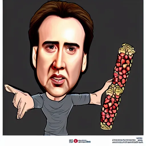 Image similar to nicolas cage with pomegranate body, caricature concept art