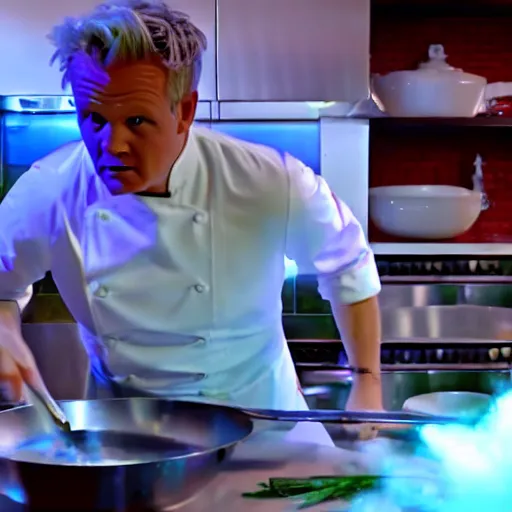 Image similar to hyper real Gordon Ramsey cooking a unicorn in kitchen 4k