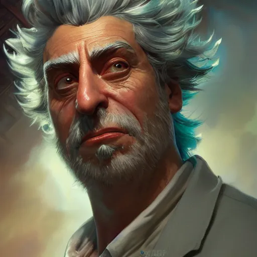 Image similar to Closeup of realistic Rick Sanchez, fantasy, intricate, elegant, highly detailed, digital painting, artstation, concept art, matte, sharp focus, illustration, hearthstone, art by Artgerm and Greg Rutkowski and Alphonse Mucha