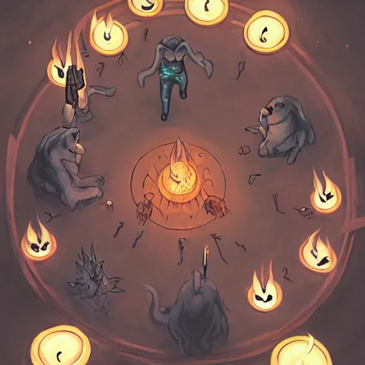 Prompt: acolytes using demonic candle lit summoning circle to summon a puppy by magali villeneuve and by wlop