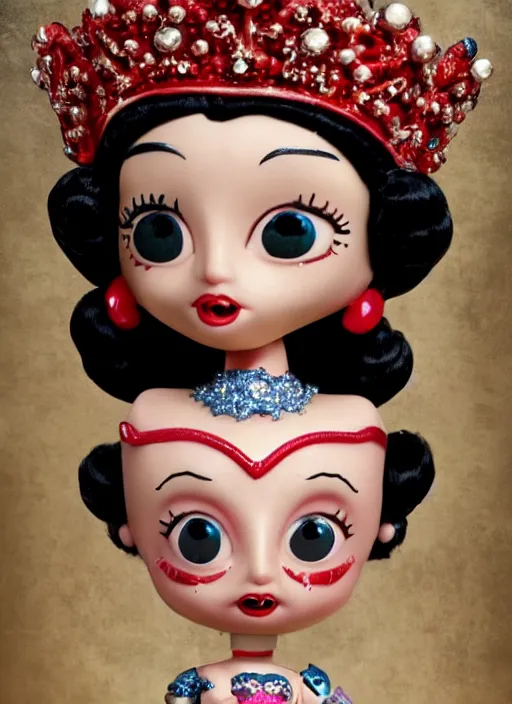 Image similar to closeup face profile portrait of tin toy betty boop as a fairytale princess wearing a crown eating cakes, bikini, depth of field, zeiss lens, detailed, symmetrical, centered, fashion photoshoot, by nicoletta ceccoli, mark ryden, lostfish, breathtaking, 8 k resolution, extremely detailed, beautiful, establishing shot, artistic, hyperrealistic, octane render