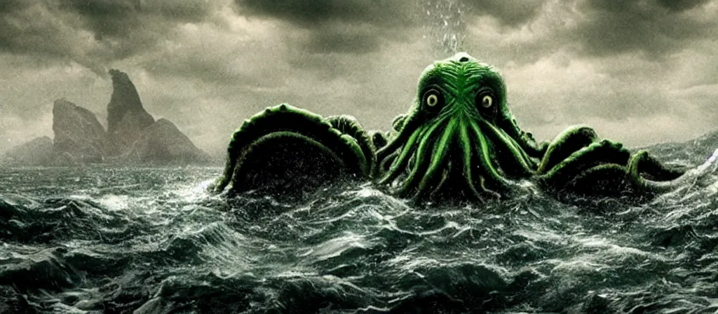 Image similar to A Still of one giant Cthulhu emerged from the ocean, water dripping off him, Cthulhu is gigantic, a tiny boat in the water beneath Cthulhu, you can see this from the beach looking out into a dark a storming ocean, Move shot film, gloomy