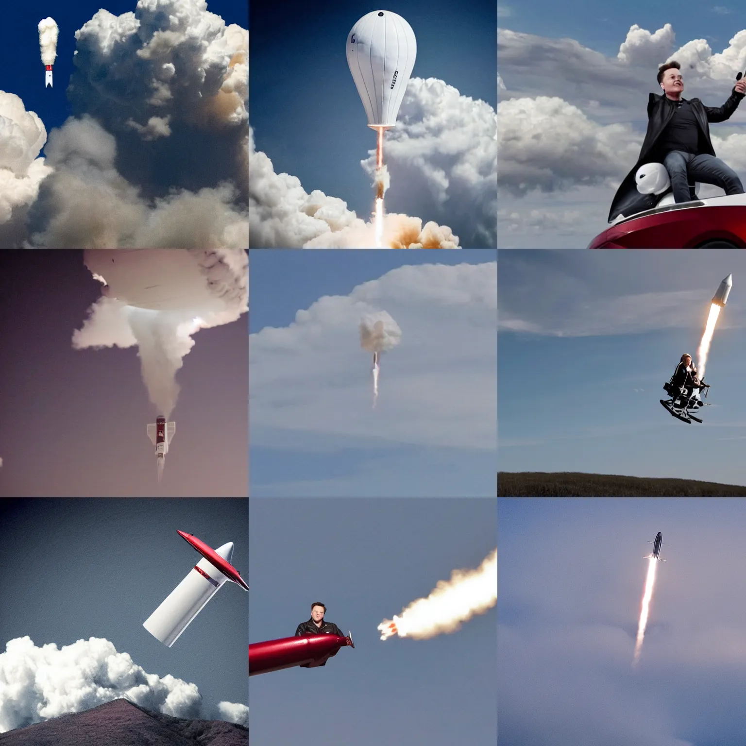 Prompt: elon musk riding sidesaddle on a rocket in the clouds