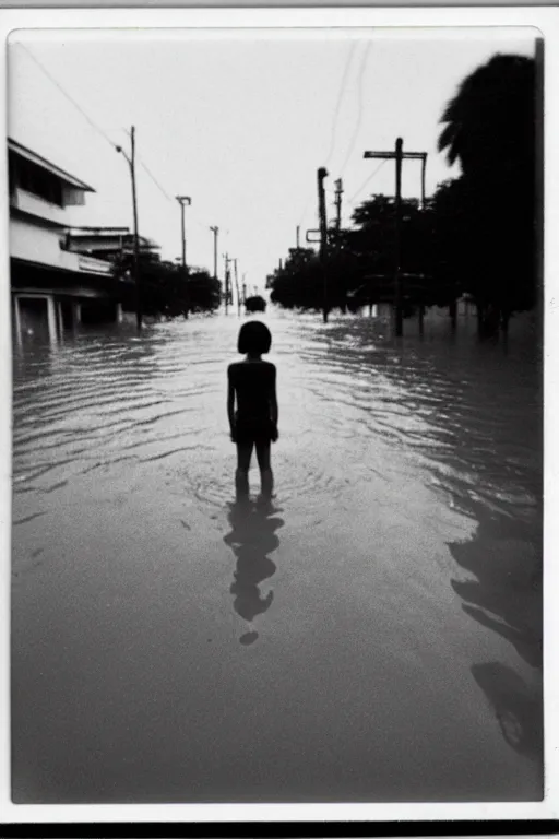 Prompt: photo polaroid of sad and lonely child in the middle of a completely flooded street in bangkok, loneliness, black and white ,photorealistic, 35mm film,