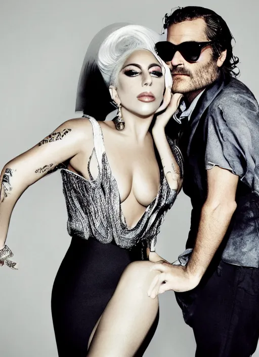 Image similar to lady gaga and joaquin phoenix styled by nick knight posing, full body shot, set pieces, intricate set, vogue magazine, canon, highly realistic. high resolution. highly detailed. dramatic. 8 k. 4 k.