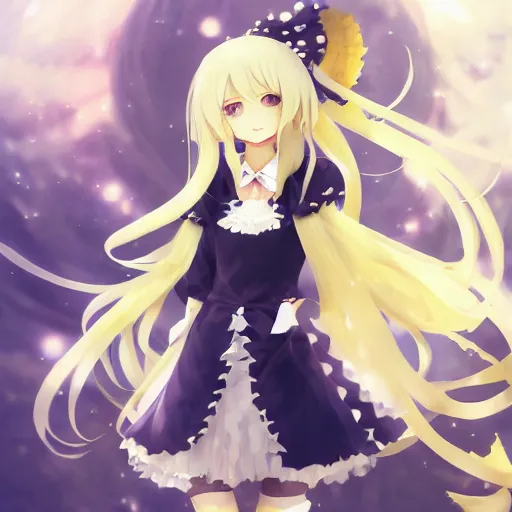 Prompt: pixiv artwork portrait of hastune miku, marisa kirisame touhou artwork by greg rutkowski key art kyoto animation 4 k 8 k ultrahd trending award blonde hair finely detailed yellow eyes maid dress cute