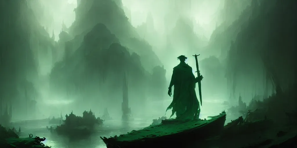 Image similar to magical subterranean river styx, a man in a cape on a boat with a sword, ethereal swirling green mist, dramatic lighting, magical atmosphere,, gothic illustration, greg rutkowski, andreas rocha, ashley wood, soft edges, low detail, trending on artstation