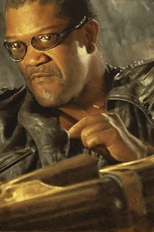 Prompt: laurence fishburne as morpheus, leather jacket, sunglasses, lying in a casket, coffin!!! death basket, drinking a 4 0, by gaston bussiere, craig mullins