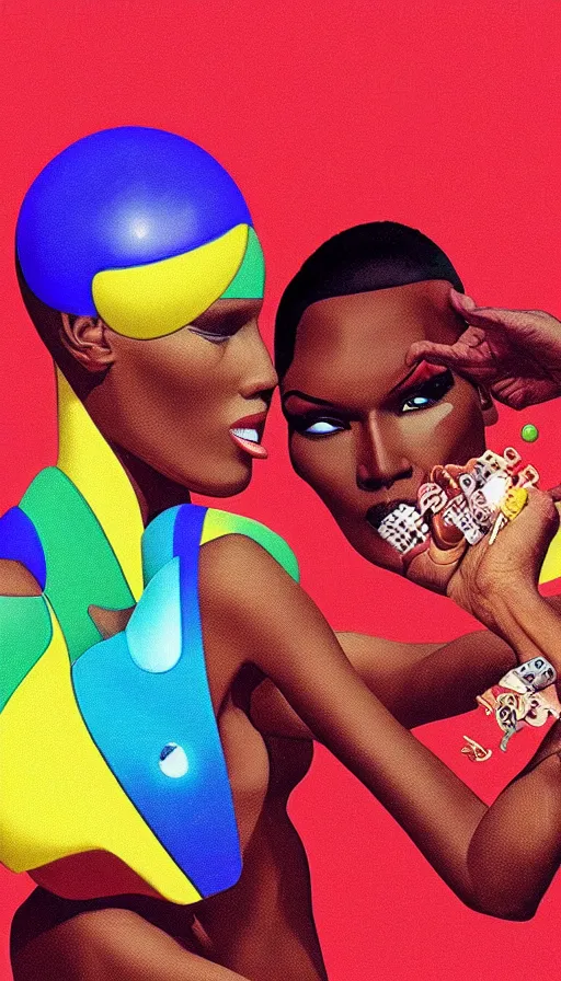 Image similar to beautiful still from retro snes arcade game featuring grace jones feeding her bioenhanced tamagotchi child, hyperreal detailed facial features and uv lighting, retro nintendo bitmap pixel art