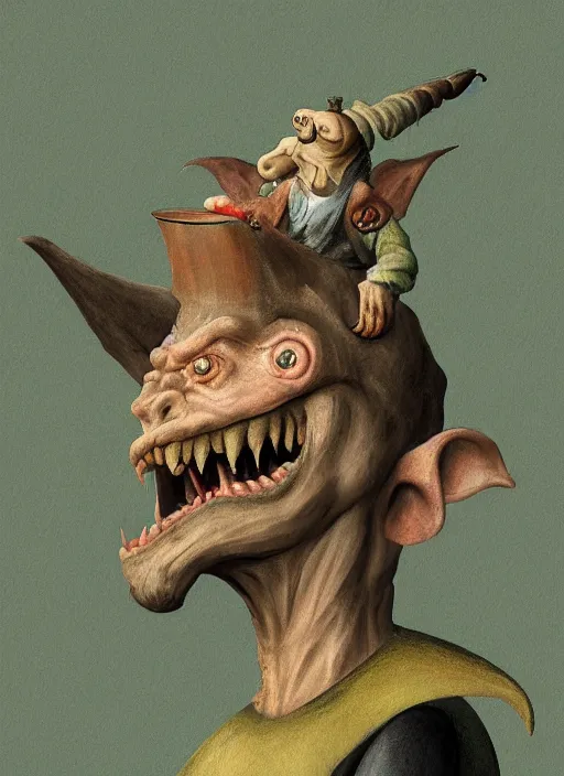 Image similar to medieval goblin, head and shoulders, painted by hieronymus bosch, detailed digital art, trending on Artstation