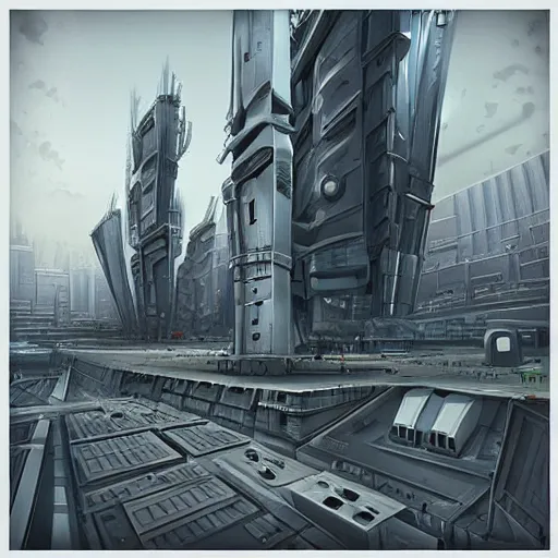 Prompt: “walled futuristic industrial complex with a large skyscraper in the center. At the base of the tower are patrolling guards, mechs, and drones. Drawn in the style of Krzysztof Luzny. Trending on r/megastructures and Artstation”