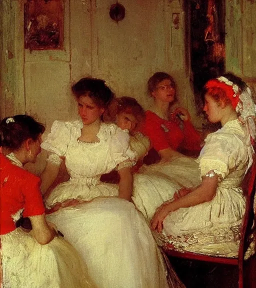 Image similar to high quality high detail painting by ilya repin, many brides in a blood flooded house, hd