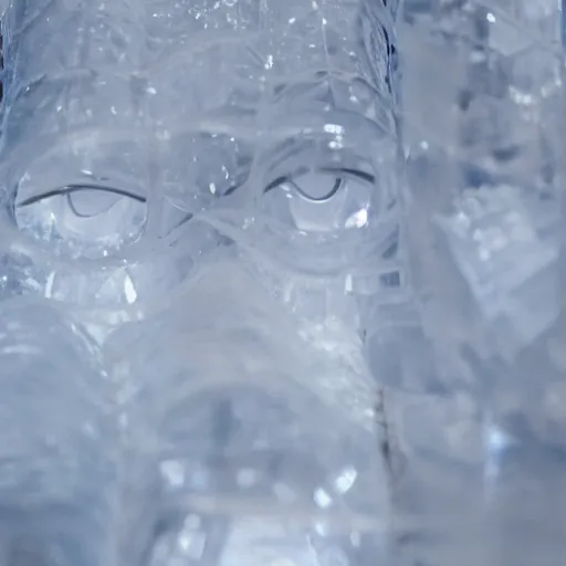 Prompt: see through clear sheet of ice sheet of ice in front of model face behind ice