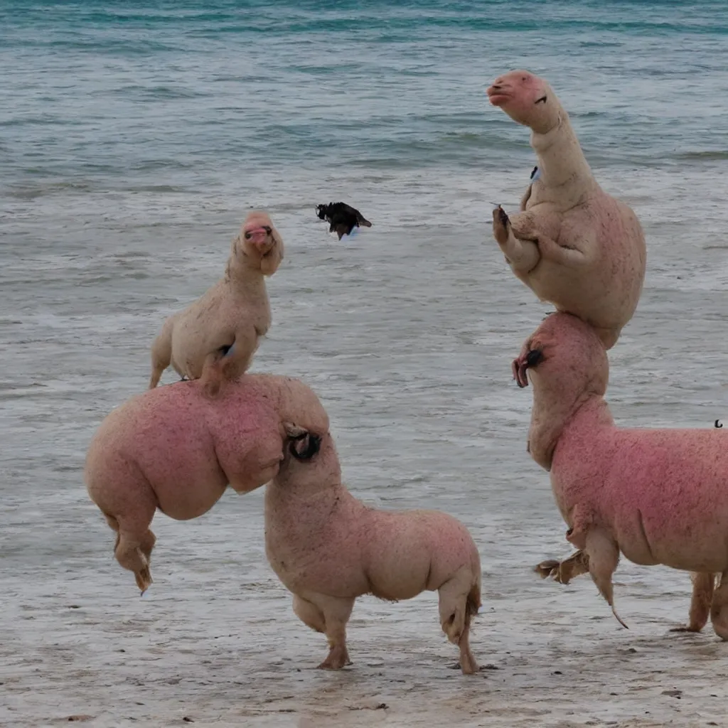 Image similar to a blobfish riding a llama on the beach