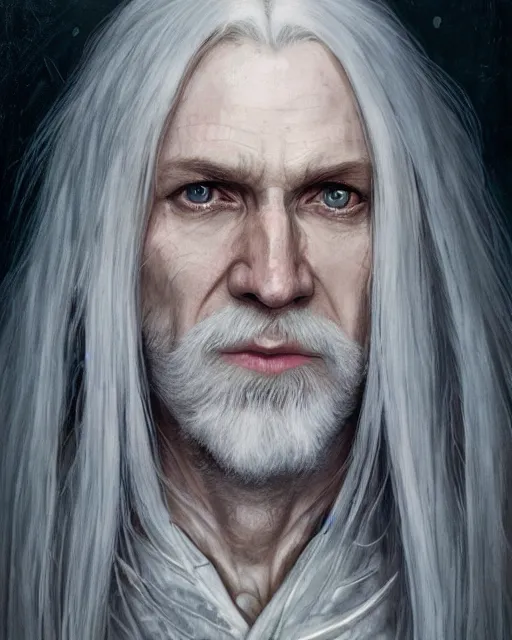 Prompt: portrait of 4 0 - year - old man with long white hair with a pale complexion, malfoy lucius, clear face, pointed face and grey eyes, hyper realistic face, beautiful eyes, fantasy art, in the style of greg rutkowski, intricate, alphonse mucha, hyper detailed, smooth