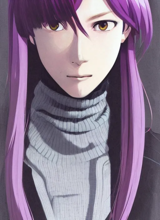 Image similar to illustration by shigenori soejima, by tatsuki fujimoto, by yoji shinakawa, girl, middle - parted long straight light purple hair, grey turtleneck coat, forest background, focus on face, pretty, moody lighting, painterly