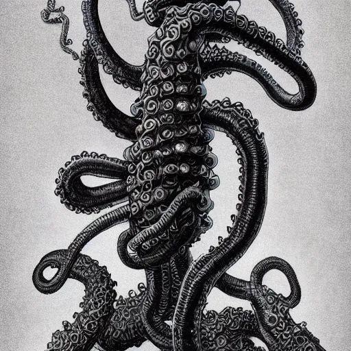 Image similar to full body shot of a man with a tentacle arms by junji ito and james jean and esao andrews, 4 k, hyperdetailed, hyperrealistic, trending on artstation, pencil art on paper, horror, dramatic lighting