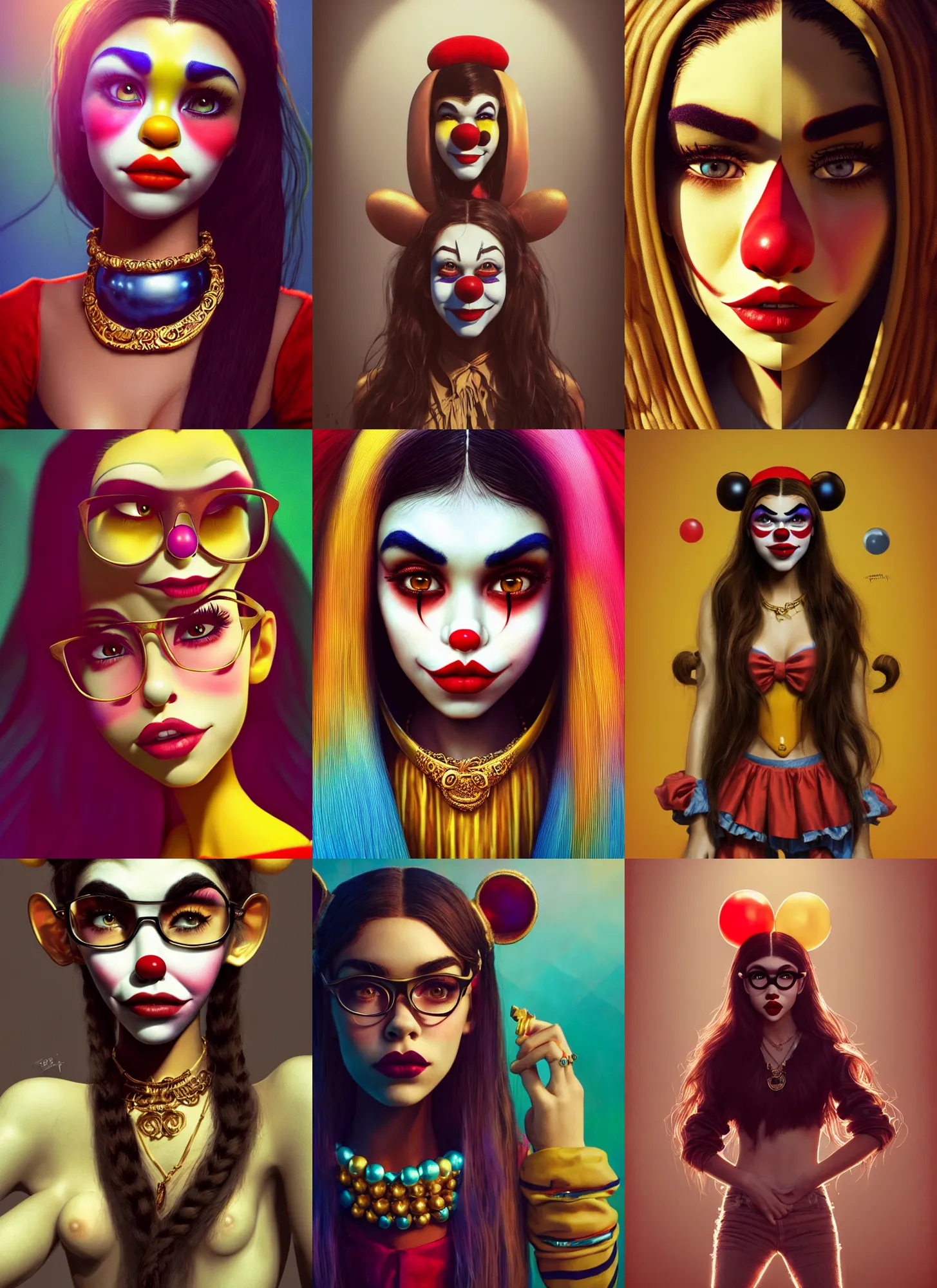 Prompt: madison beer as a clowncore hipster | jewelry | glamorous oily soft polished rich alluring ornate modern | weta disney pixar movie still photo | hi - fructose, sci fi fantasy, golden ratio, smooth, octane render, sharp focus, artstation, concept art | rhads, artgerm, mucha |