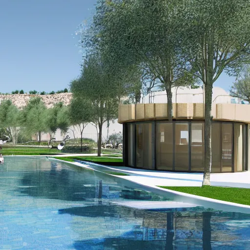 Image similar to architectural rendering of biophilia building in the desert, biomimetry, pool, garden