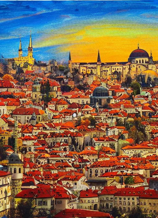 Image similar to painting of beautiful shot of Royal medieval Middle Eastern city like Prague mixed with Istanbul like Islamic architecture with greenery all around , autumn colors