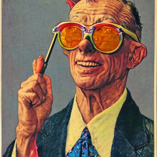 Prompt: a norman rockwell painting of a old - fashioned - humanoid - dragon - man wearing brightly colored cheap sunglasses and 3 - piece suit