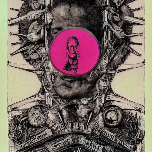 Image similar to post - punk new age album cover, asymmetrical design, frame of a dollar bank notes, capitalism, magic, apocalypse, psychedelic, black white pink, magic, giger h. r., giuseppe arcimboldo