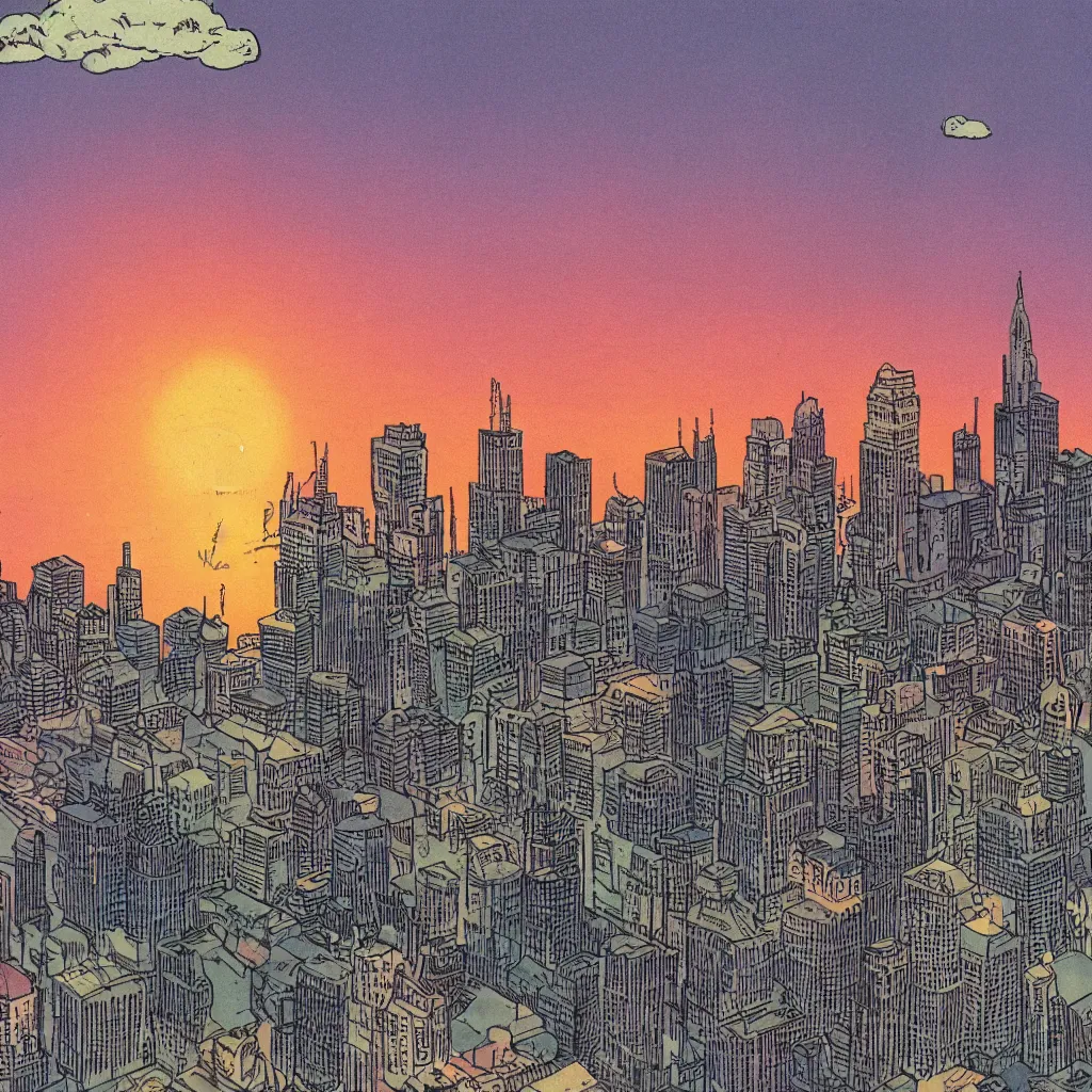 Image similar to city skyline over a polluted lake, clouds, sunrise, 1 9 8 5 comic book