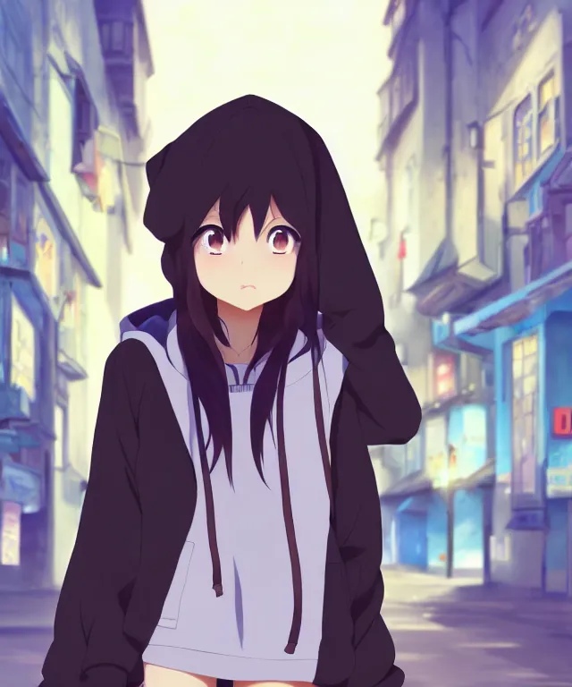 Image similar to anime visual, portrait of a young black haired girl wearing hoodie on the city street background, one person, cute face by yoh yoshinari, katsura masakazu, studio lighting, half body shot, strong silhouette, anime cels, ilya kuvshinov, cel shaded, crisp and sharp, rounded eyes, bright