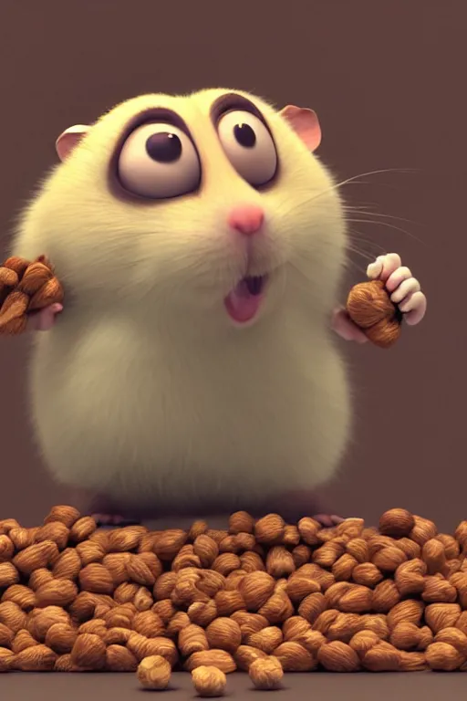 Prompt: funny hamster with cheeks full of nuts trying to push one more peanut into his mouth. pixar disney 4 k 3 d render funny animation movie oscar winning trending on artststion and behance. oscar award winning.