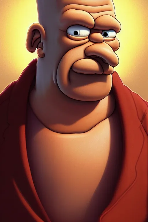 Image similar to clear portrait of homer from the simpsons, cottagecore!!, mafia background hyper detailed, character concept, full body, dynamic pose, intricate, criminal appearance, highly detailed, digital painting, artstation, concept art, smooth, sharp focus, illustration, art by artgerm and greg rutkowski and alphonse mucha
