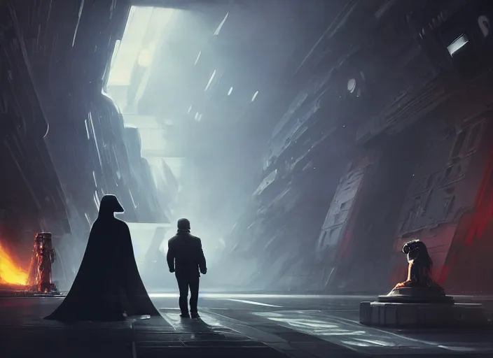 Image similar to a Photorealistic dramatic hyperrealistic render of darth vader facing off against a cute corgi, futuristic star wars vibe, by WLOP and Artgerm and Greg Rutkowski and Alphonse Mucha, Beautiful dynamic dramatic dark moody lighting, shadows, cinematic atmosphere, Artstation, concept design art, Octane render, 8K, masterpiece, sharp focus