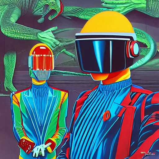 Prompt: lizards in daft punk costume painted by barclay shaw