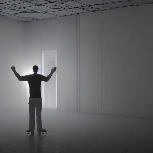 Image similar to a person standing in a dark room with their arms in the air, an ambient occlusion render by senior environment artist, deviantart, light and space, volumetric lighting, matte drawing, ambient occlusion