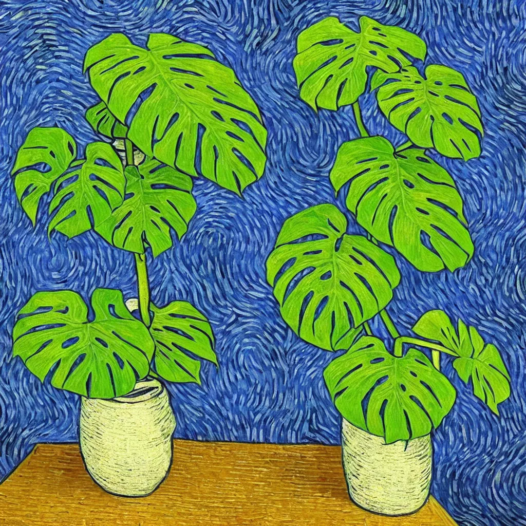 Image similar to A beautiful variegated monstera plant on a table in the style of Van Gogh