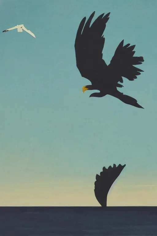 Prompt: silhouette of an eagles talon against the backdrop of the sky and ocean, mid century art