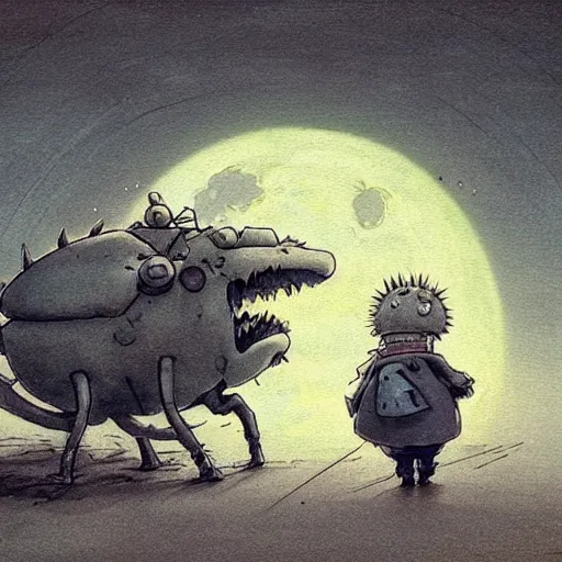 Image similar to ( ( ( ( ( grey lovecraftian mechanized pikachu demon from howl's moving castle ( 2 0 0 4 ), with a big head, on a desert road, wide shot, in front of a big moon. muted colors. ) ) ) ) ) by jean - baptiste monge!!!