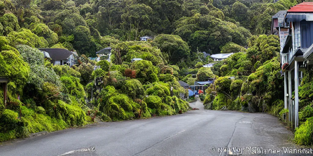 Image similar to a street in khandallah, wellington, new zealand lined by new zealand remnant ancient montane forest. podocarp, rimu, kahikatea, mountain cabbage trees, moss, vines, epiphytes, birds. windy rainy day. people walking in raincoats. 1 9 0 0's colonial cottages. harbour in the distance.