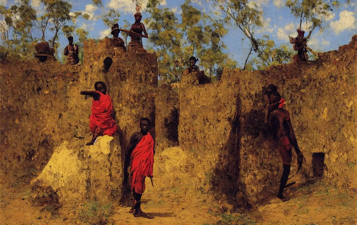 Prompt: nigerian soldier guarding gate at abeokuta, from above, 1885, bright colors oil on canvas, by Ilya Repin